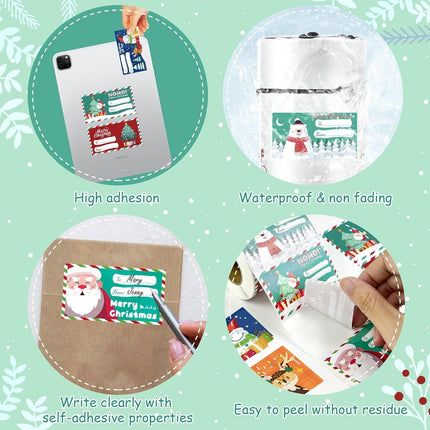 Set of 4 Christmas Gift Tag Sticker Rolls - 2000 Self-Adhesive Labels for Presents.