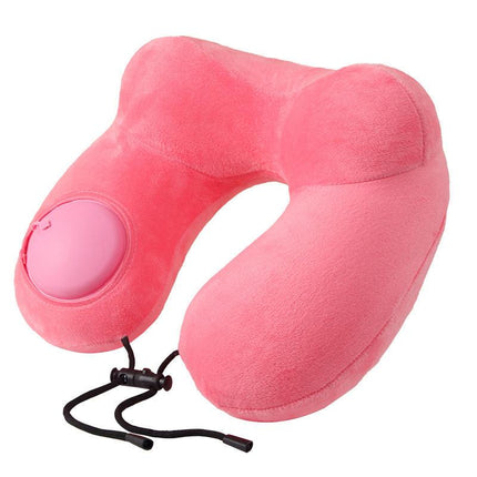 Pink Press-to-Inflate Travel Neck Pillow - Ergonomic U-Shaped Cushion for Airplane and Car.
