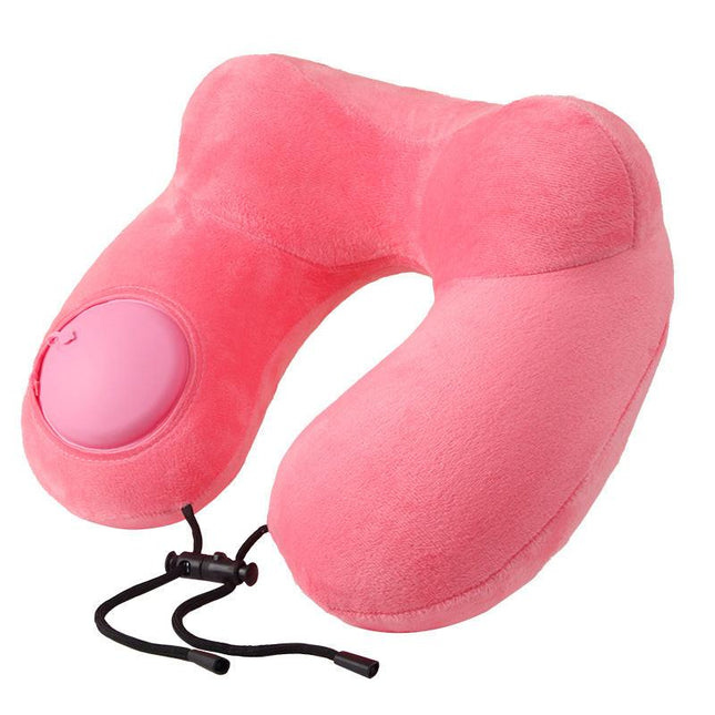 Pink Press-to-Inflate Travel Neck Pillow - Ergonomic U-Shaped Cushion for Airplane and Car.