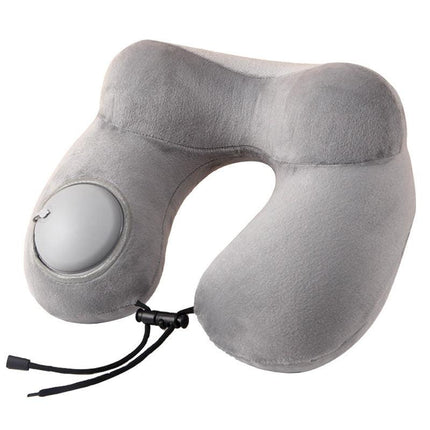 Grey Press-to-Inflate Travel Neck Pillow - Ergonomic U-Shaped Cushion for Airplane and Car.