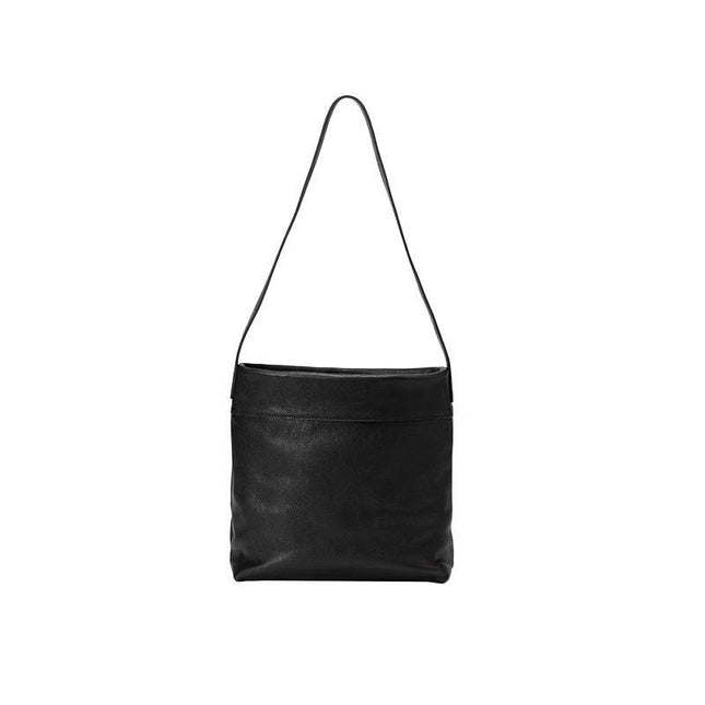 Black Minimalist Vintage-Style PU Leather Shoulder Bag Casual Commuter Tote.