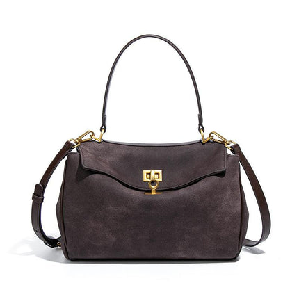 Coffee Women's Vintage Suede Satchel Bag - Elegant Top Handle Purse with Gold Lock.