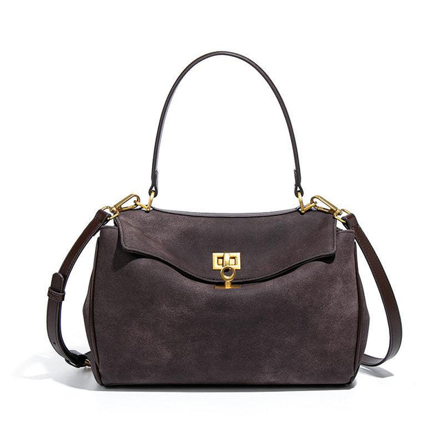 Coffee Women's Vintage Suede Satchel Bag - Elegant Top Handle Purse with Gold Lock.
