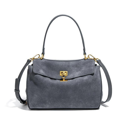 Grey Women's Vintage Suede Satchel Bag - Elegant Top Handle Purse with Gold Lock.