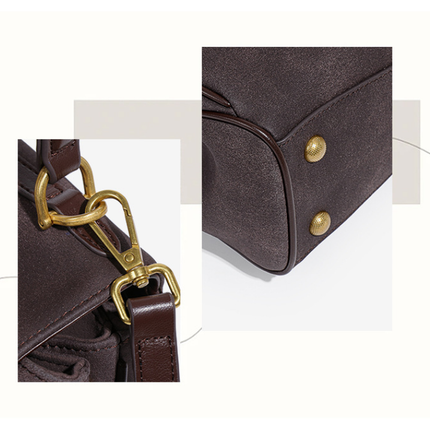 Grey Women's Vintage Suede Satchel Bag - Elegant Top Handle Purse with Gold Lock.