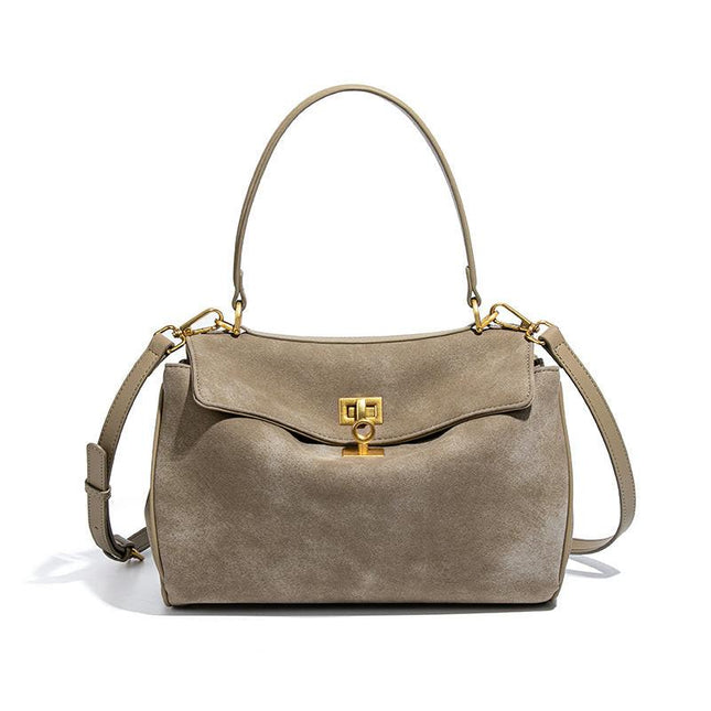 Beige Women's Vintage Suede Satchel Bag - Elegant Top Handle Purse with Gold Lock.
