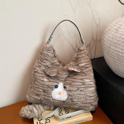 Grey Adorable Fluffy Cat Shoulder Bag - Cute Plush Kitten Novelty Handbag for Girls & Women.