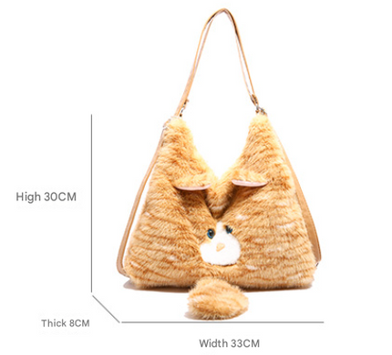 Grey Adorable Fluffy Cat Shoulder Bag - Cute Plush Kitten Novelty Handbag for Girls & Women.