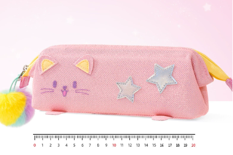 Pink Cute Cat Pencil Case for Girls - Large Capacity Sparkly Stationery Pouch with Fluffy Pom Pom.