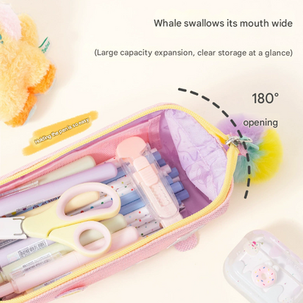 Pink Cute Cat Pencil Case for Girls - Large Capacity Sparkly Stationery Pouch with Fluffy Pom Pom.