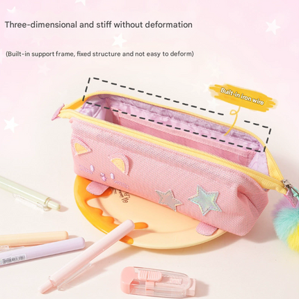 Green Cute Cat Pencil Case for Girls - Large Capacity Sparkly Stationery Pouch with Fluffy Pom Pom.
