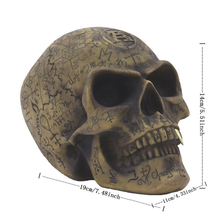 Mystic Runic Skull Statue with Gold Fang - Hand-Painted Resin Figurine for Gothic & Halloween Decor.