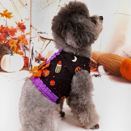 L Halloween Pumpkin Dog Harness Dress - Festive Costume Vest with Leash Ring for Small Dogs.
