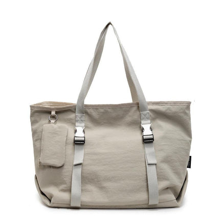 Beige Modern Utility Tote Bag for Women - Large Capacity Shoulder Bag with Detachable Pouch for Work, School & Travel.