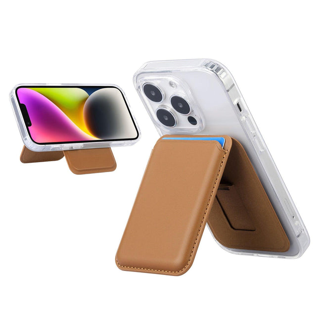 Brown Slim Magnetic Card Holder Wallet with Adjustable Kickstand - MagSafe Compatible.