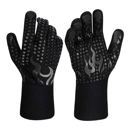 Black a Pair Of Extreme Heat Resistant BBQ Gloves (500°C) - Aramid Fiber with Non-Slip Silicone Grip for Grilling & Oven Use.