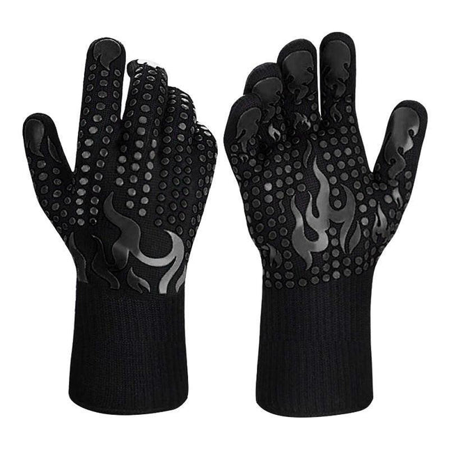 Black a Pair Of Extreme Heat Resistant BBQ Gloves (500°C) - Aramid Fiber with Non-Slip Silicone Grip for Grilling & Oven Use.