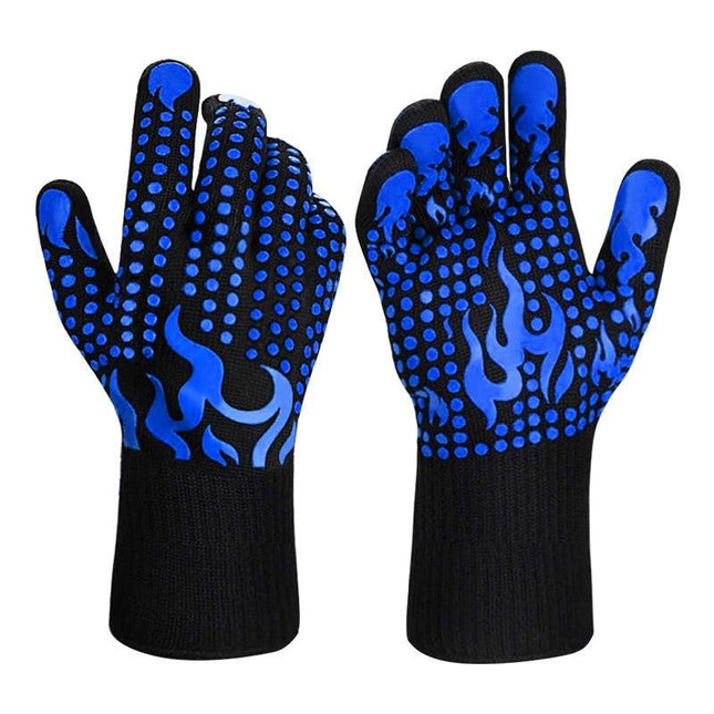 Blue a Pair Of Extreme Heat Resistant BBQ Gloves (500°C) - Aramid Fiber with Non-Slip Silicone Grip for Grilling & Oven Use.