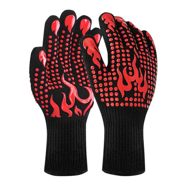Red a Pair Of Extreme Heat Resistant BBQ Gloves (500°C) - Aramid Fiber with Non-Slip Silicone Grip for Grilling & Oven Use.