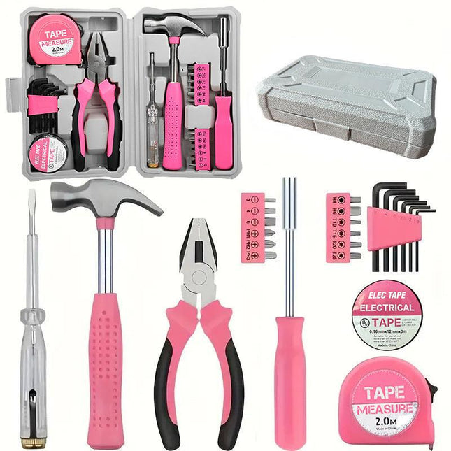 Compact 24-Piece Pink Tool Kit - Essential Household DIY Set for Ladies.