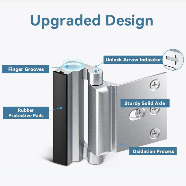 Silver Heavy-Duty Hotel Style Security Door Lock - Childproof Door Reinforcement Latch for Home Safety.