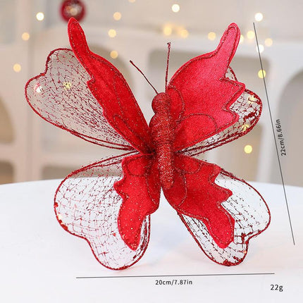 Red Large Glitter Butterfly Christmas Ornaments (Set of 2) - Clip-On Decorations for Trees & Wreaths.