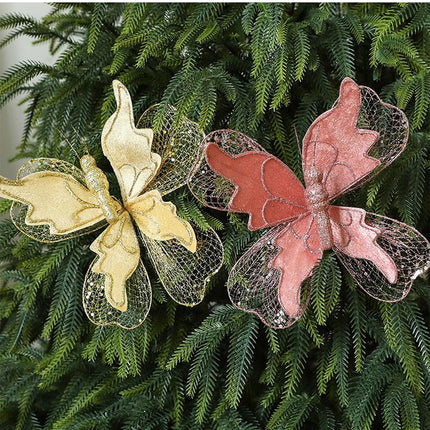 Red Large Glitter Butterfly Christmas Ornaments (Set of 2) - Clip-On Decorations for Trees & Wreaths.