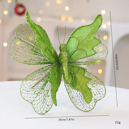 Green Large Glitter Butterfly Christmas Ornaments (Set of 2) - Clip-On Decorations for Trees & Wreaths.