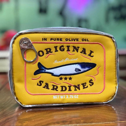 Yellow Quirky Sardine Tin Novelty Clutch - Fun PU Leather Makeup & Accessory Pouch.