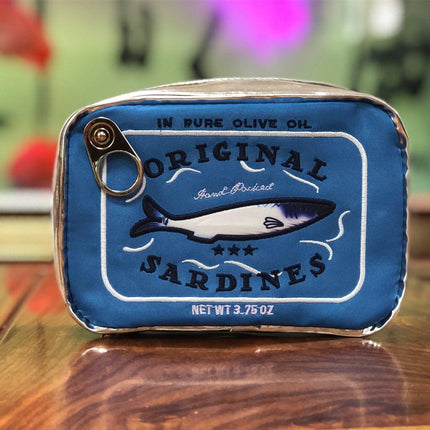Blue Quirky Sardine Tin Novelty Clutch - Fun PU Leather Makeup & Accessory Pouch.