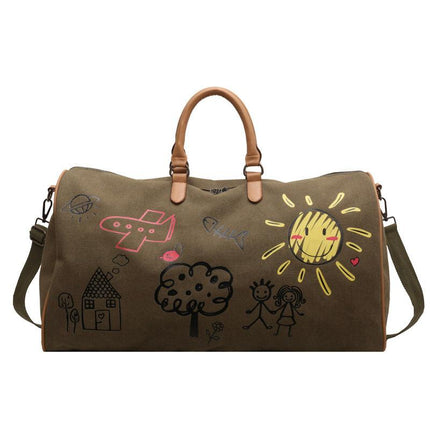 Green-coffee Large Capacity Graffiti Travel Duffel Bag - Canvas Weekender with Wet/Dry Pocket & Shoe Compartment.