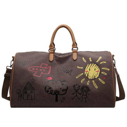 Coffee-brown Large Capacity Graffiti Travel Duffel Bag - Canvas Weekender with Wet/Dry Pocket & Shoe Compartment.