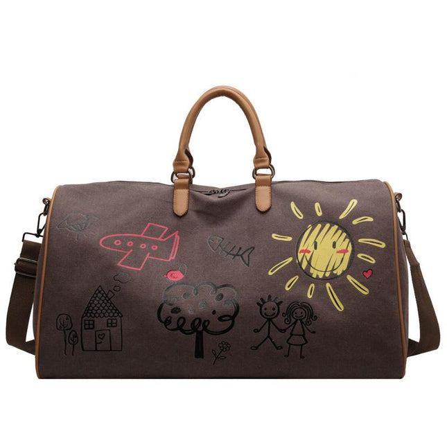 Coffee-brown Large Capacity Graffiti Travel Duffel Bag - Canvas Weekender with Wet/Dry Pocket & Shoe Compartment.