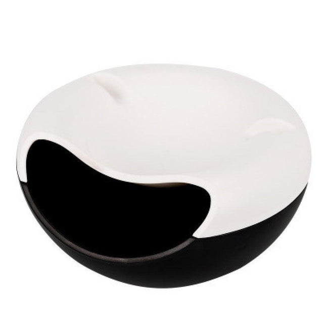 Black-white Creative Lazy Snack Bowl with Phone Holder - Dual-Layer Dish for Nuts & Seeds.