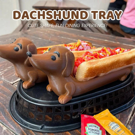 Dark Brown Creative Dachshund Hot Dog Tray - Cute Dog-Shaped Sandwich Holder with 3D Decor.