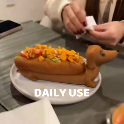 Dark Brown Creative Dachshund Hot Dog Tray - Cute Dog-Shaped Sandwich Holder with 3D Decor.
