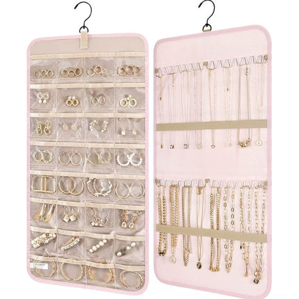 Pink Hanging Jewelry Organizer - Closet Storage for Necklaces, Earrings, and Rings with Clear Pockets(14*33inch).
