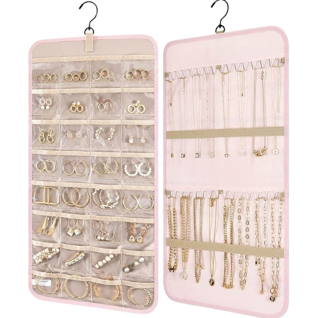 Pink Hanging Jewelry Organizer - Closet Storage for Necklaces, Earrings, and Rings with Clear Pockets(14*33inch).