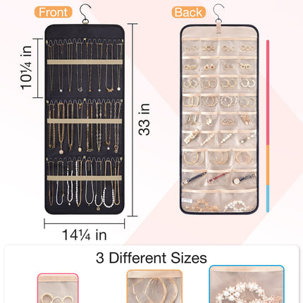 Pink Hanging Jewelry Organizer - Closet Storage for Necklaces, Earrings, and Rings with Clear Pockets(14*33inch).