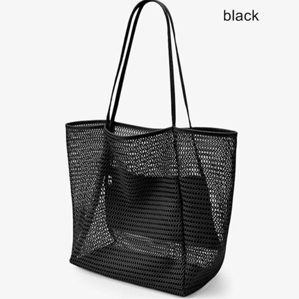 Black Large Mesh Beach Tote Bag - Lightweight & Foldable Shoulder Bag with Secure Zipper Pocket.