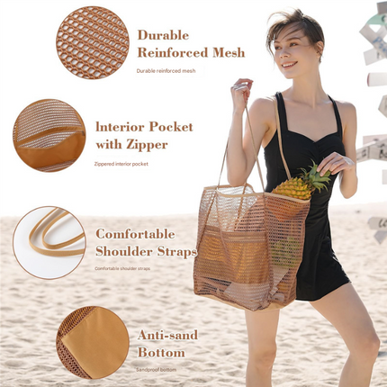 Black Large Mesh Beach Tote Bag - Lightweight & Foldable Shoulder Bag with Secure Zipper Pocket.