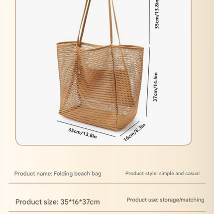 Black Large Mesh Beach Tote Bag - Lightweight & Foldable Shoulder Bag with Secure Zipper Pocket.