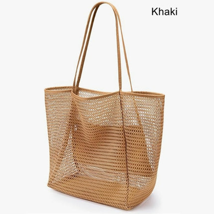 Khaki Large Mesh Beach Tote Bag - Lightweight & Foldable Shoulder Bag with Secure Zipper Pocket.