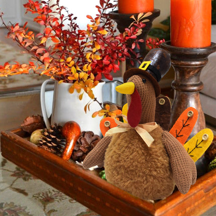 Brown Charming Thanksgiving Turkey Plush - Rustic Autumn Harvest Tabletop Decor Figurine.