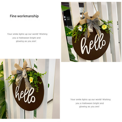 Dark Blue Rustic 'Hello' Welcome Sign - Farmhouse Round Wooden Wreath for Front Door Decor.