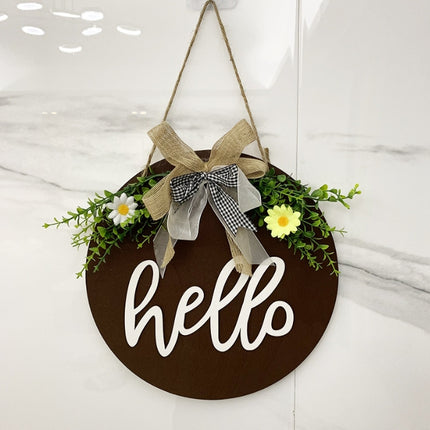 Brown Rustic 'Hello' Welcome Sign - Farmhouse Round Wooden Wreath for Front Door Decor.