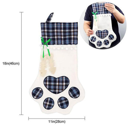 Red Large Plaid Dog Paw Christmas Stocking - Festive Fireplace Decor for Pet Lovers.