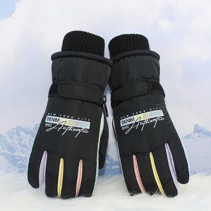 Black Women's Warm Winter Ski Gloves - Waterproof & Windproof Touchscreen Gloves for Snow Sports.