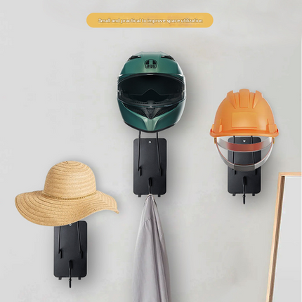 Iron Wall Mounted Motorcycle Helmet Holder - Heavy-Duty Gear Rack with Jacket Hook for Helmets, Coats & Accessories.