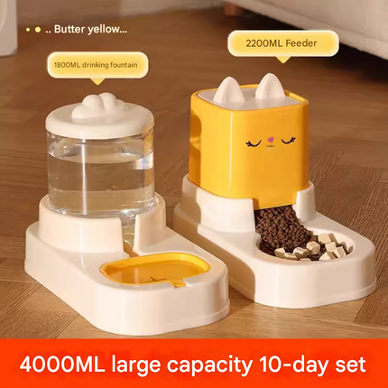 Yellow Automatic Pet Feeder and Water Dispenser Set - Large Capacity Gravity Food & Water Combo for Cats & Dogs.